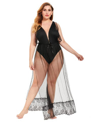 Plus size(XL-4XL) sexy lingerie see through sheer Mesh bodysuit with mesh long dress,Floral Lace sleepwear Sai Feel