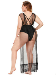 Plus size(XL-4XL) sexy lingerie see through sheer Mesh bodysuit with mesh long dress,Floral Lace sleepwear Sai Feel