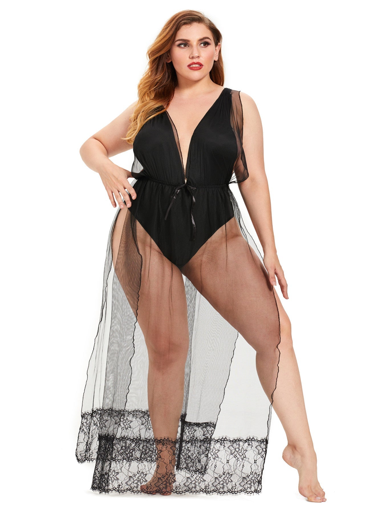 Plus size(XL-4XL) sexy lingerie see through sheer Mesh bodysuit with mesh long dress,Floral Lace sleepwear Sai Feel