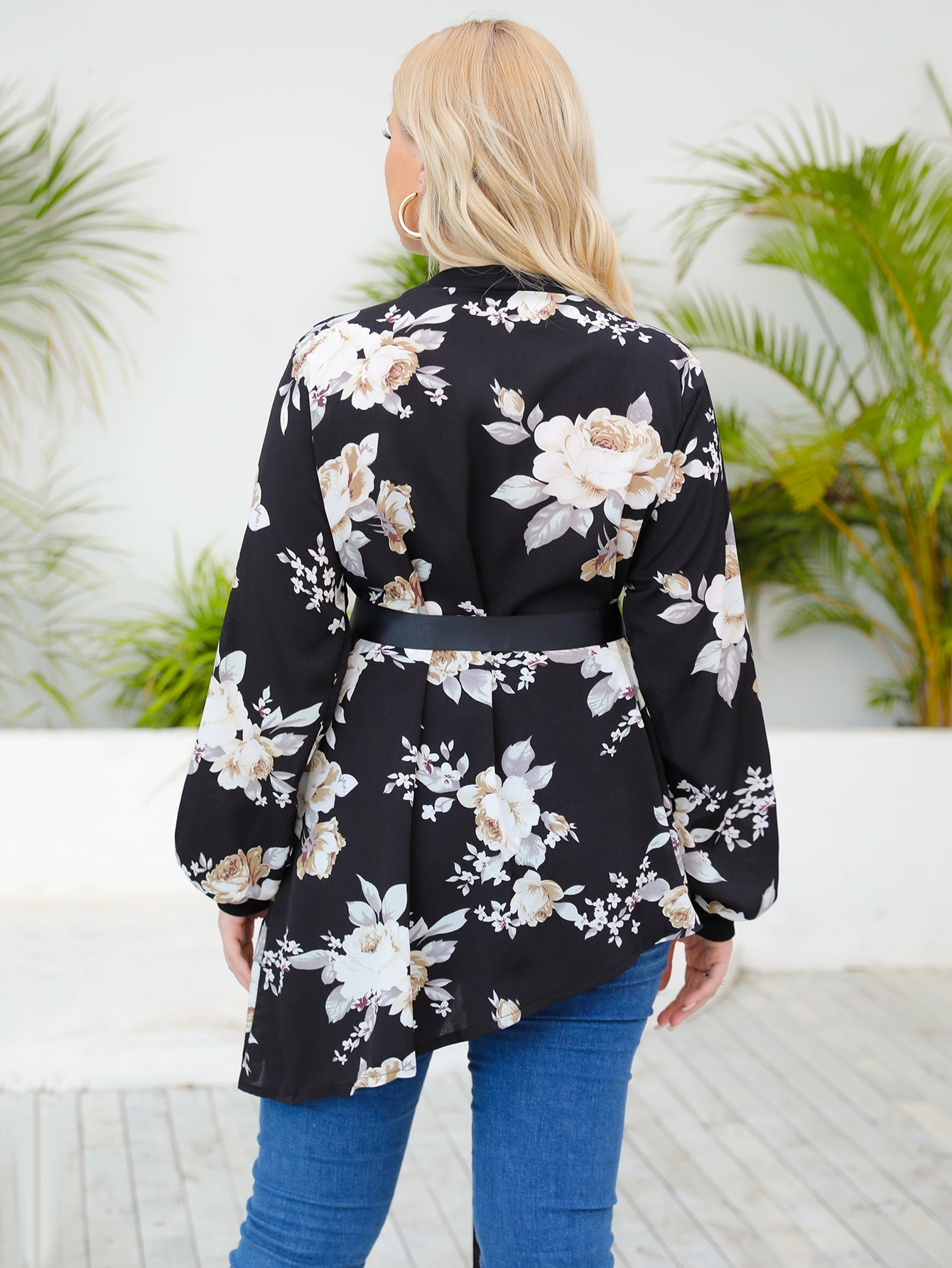 Plus-size chiffon floral long sleeves Top Shirt Sai Feel