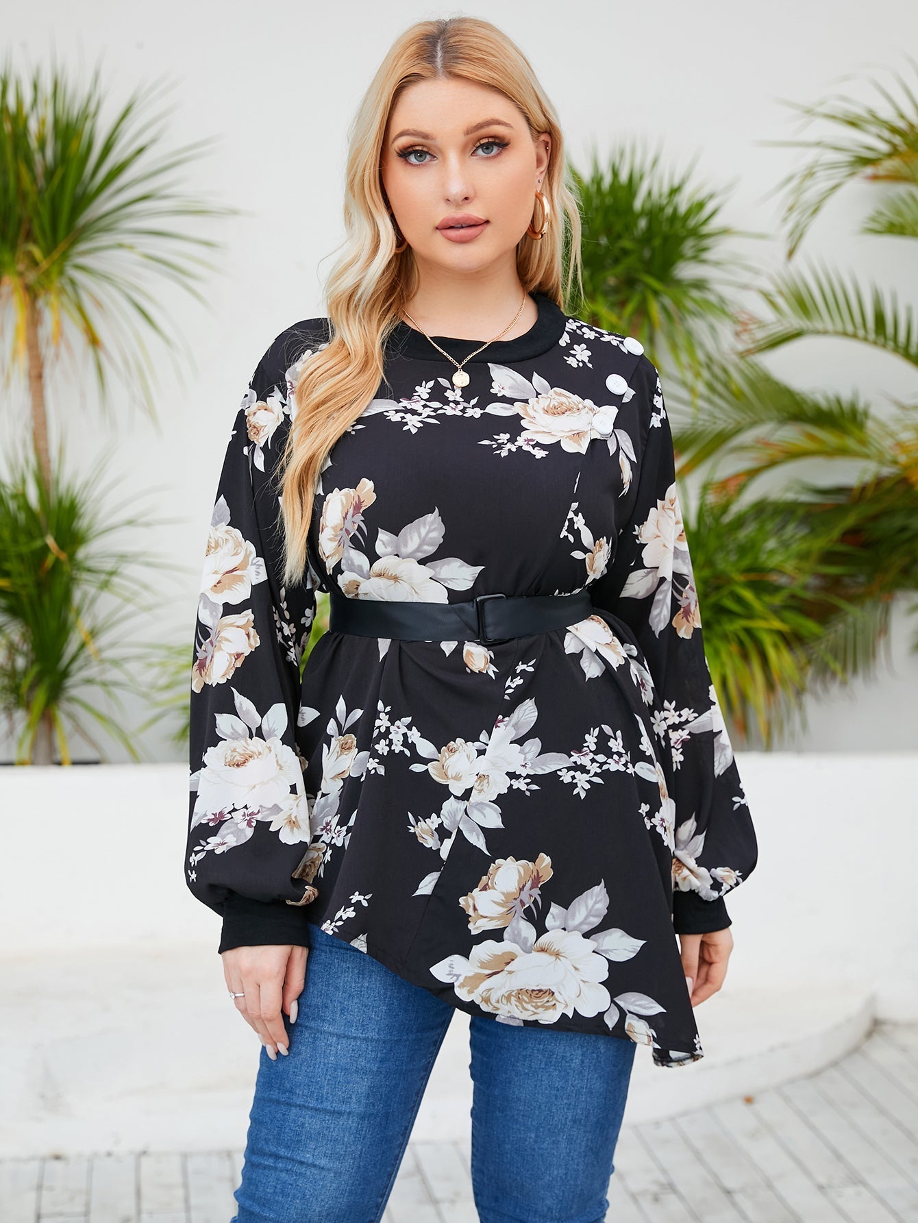 Plus-size chiffon floral long sleeves Top Shirt Sai Feel