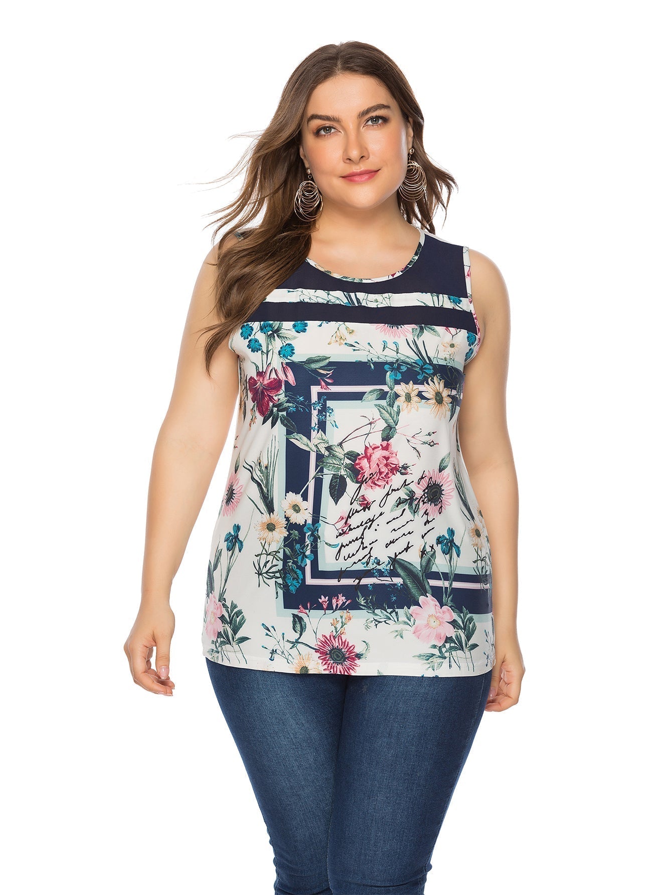 Plus size crew neck floral plant print sleeveless casual tank tee top Sai Feel