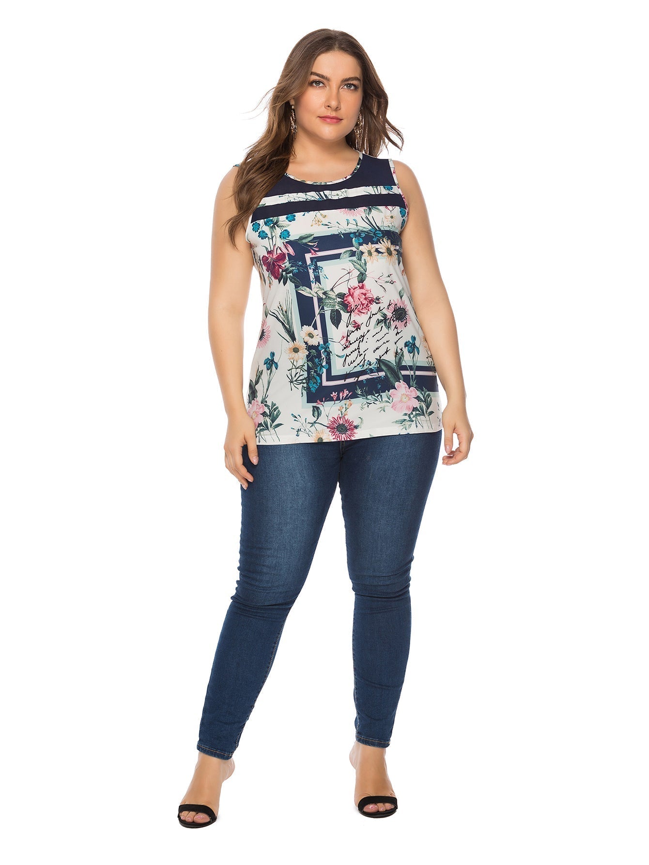 Plus size crew neck floral plant print sleeveless casual tank tee top Sai Feel