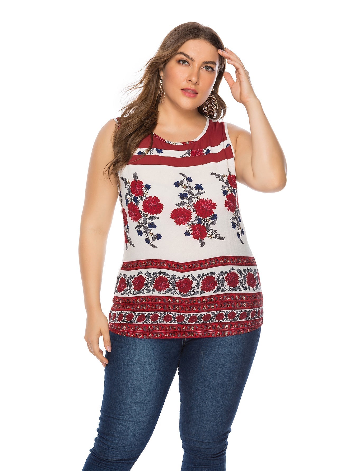 Plus size crew neck floral plant print sleeveless casual tank tee top Sai Feel