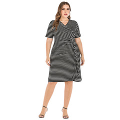 Plus size fashion women's striped short sleeve V-neck one-step skirt slim hip wrap skirt dress Sai Feel