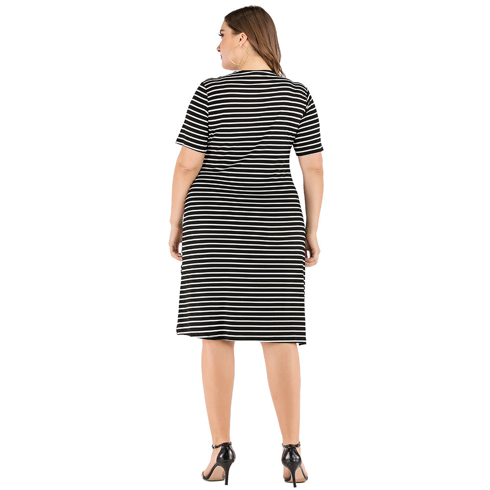 Plus size fashion women's striped short sleeve V-neck one-step skirt slim hip wrap skirt dress Sai Feel
