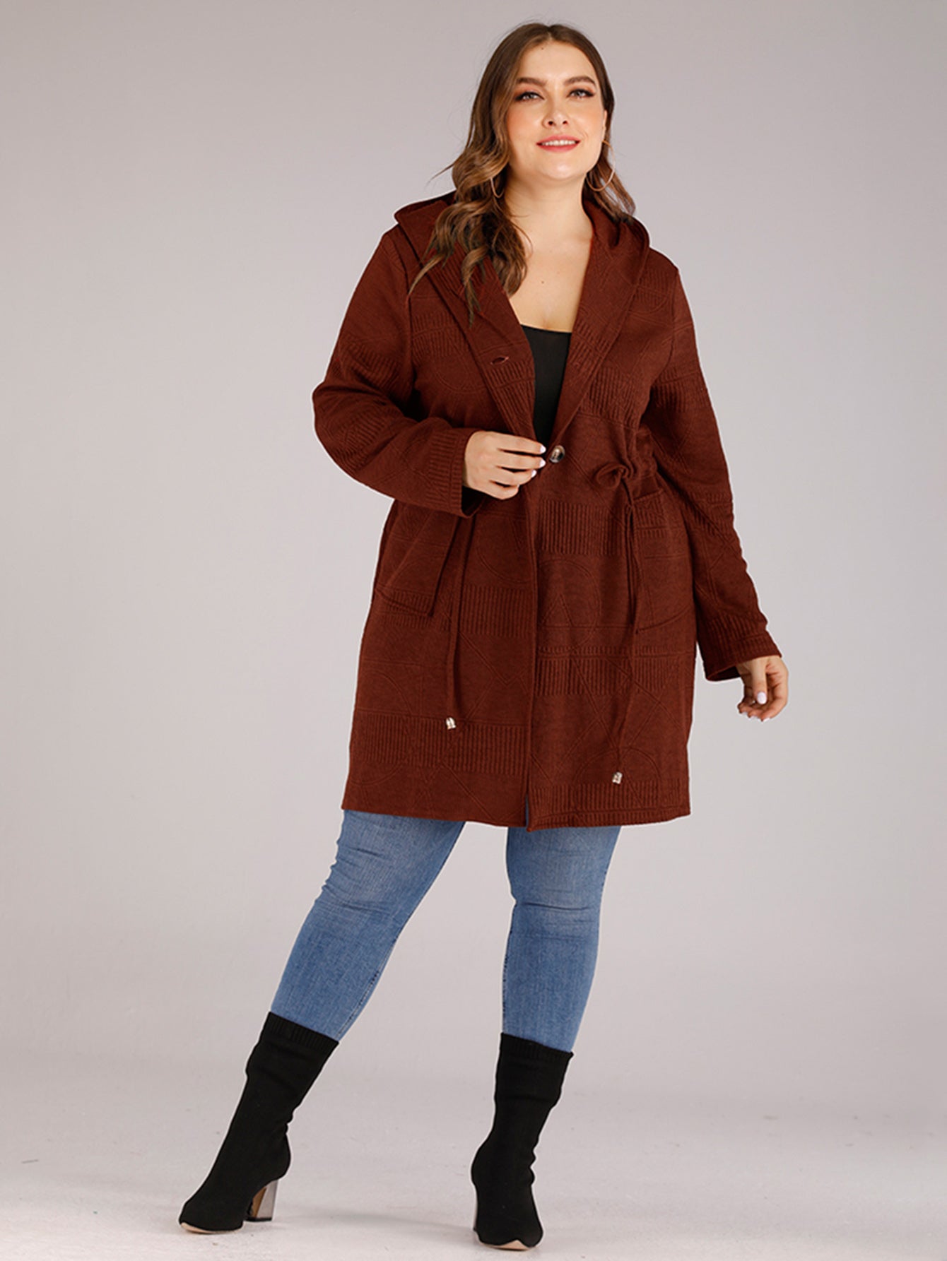 Plus-size hooded loose waist pocket slit long-sleeve coat Sai Feel
