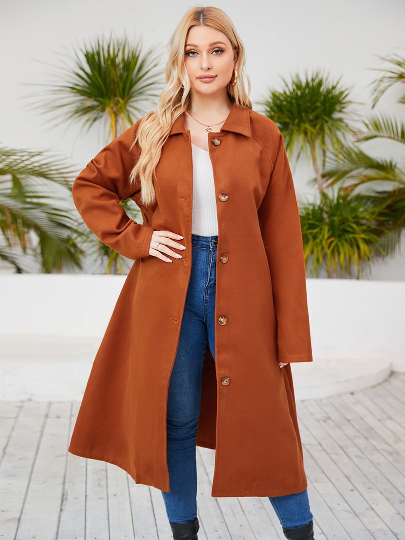 Plus-size long loose belted overcoat Sai Feel