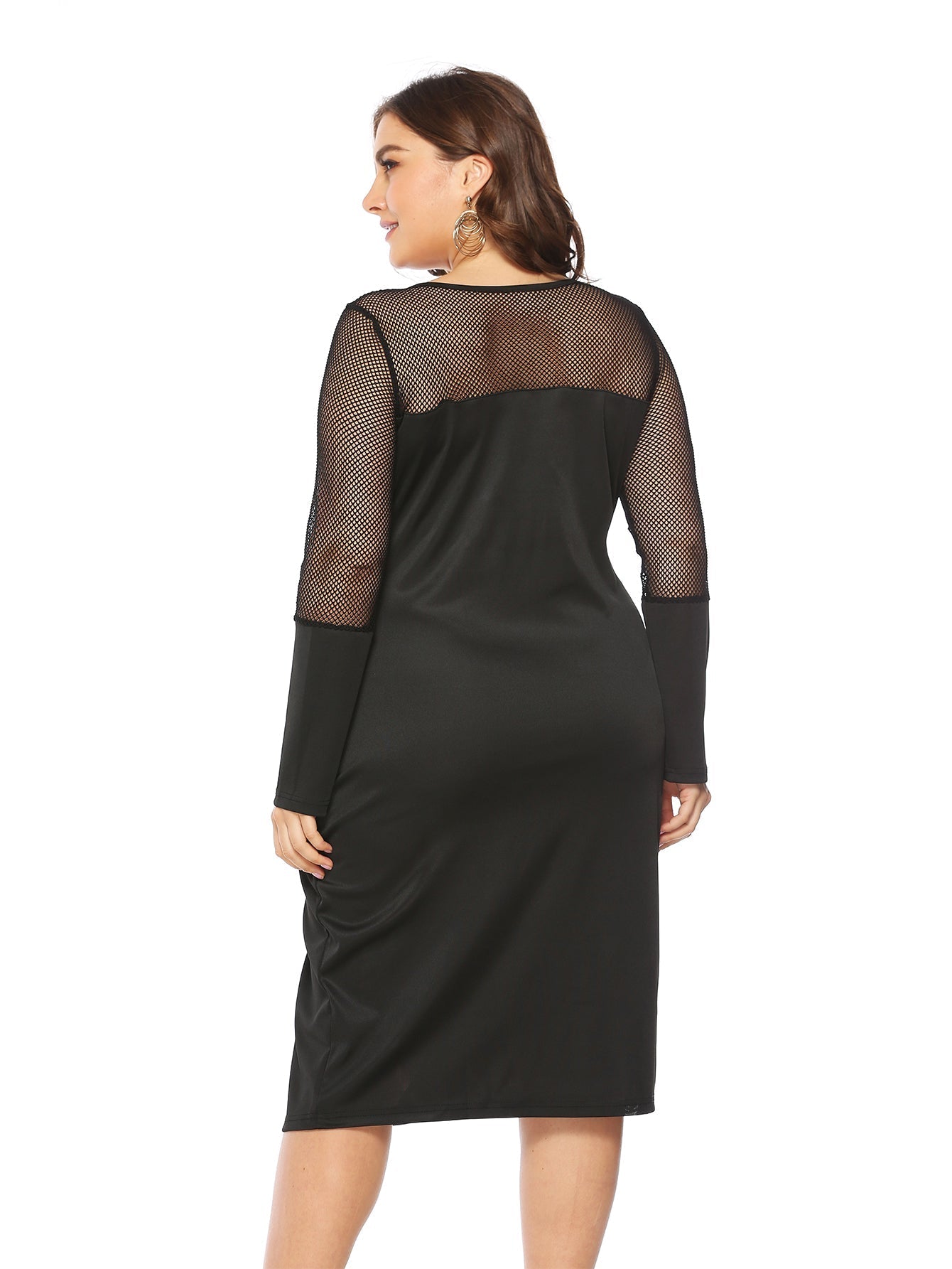 Plus size long sleeve crew neck block mesh fabric Elegant Dress Sai Feel