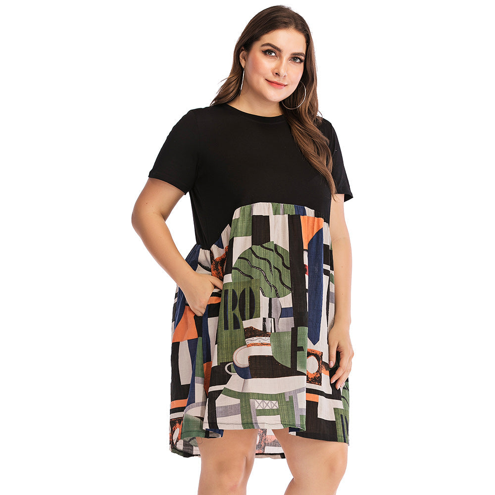 Plus size printed cotton and linen loose breathable casual short-sleeved dress for women Sai Feel