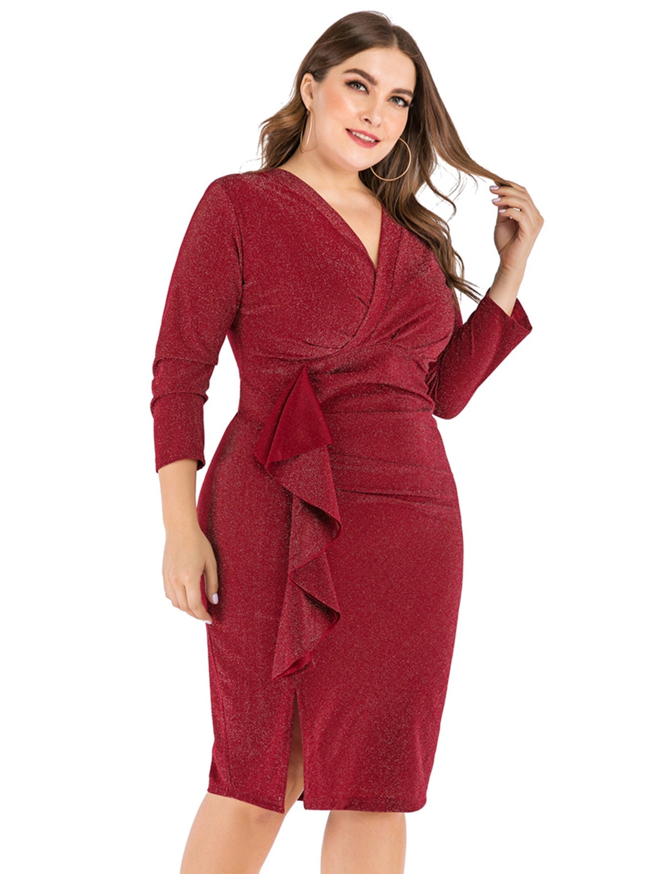 Plus-size  v-neck nine-quarter sleeves flannel slim dress Sai Feel