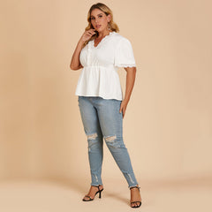 Plus size women's T-shirt lace stitching V-neck blouse with short sleeves Sai Feel