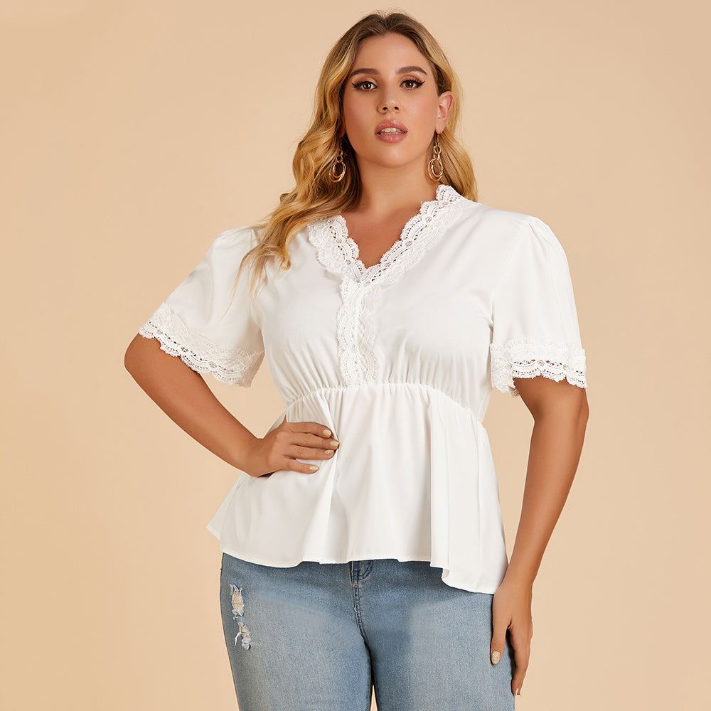 Plus size women's T-shirt lace stitching V-neck blouse with short sleeves Sai Feel