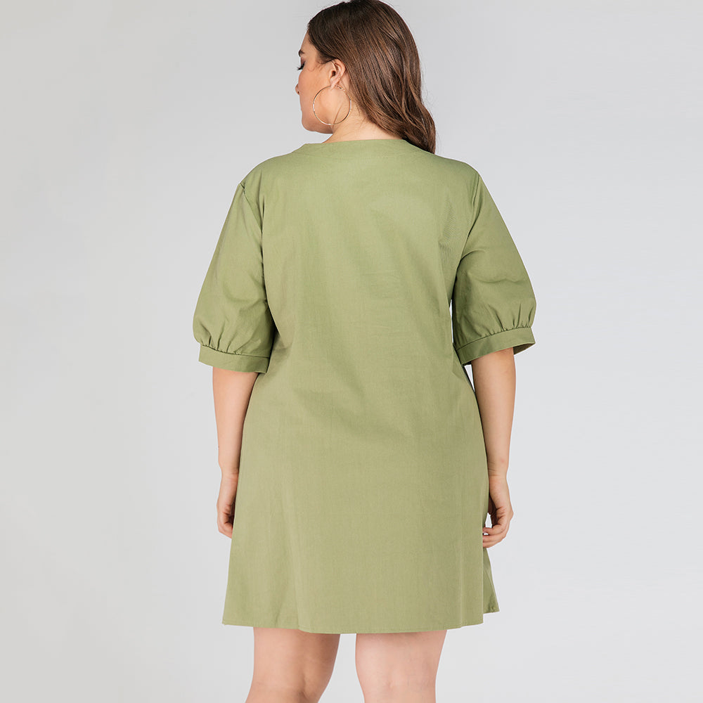 Plus size women's V-neck retro single breasted thin solid color mid-sleeved dress Sai Feel