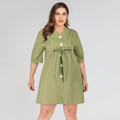 Plus size women's V-neck retro single breasted thin solid color mid-sleeved dress Sai Feel