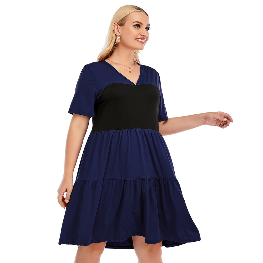 Plus-size women's V-neck short sleeve contrast color a-line skirt loose skirt Sai Feel