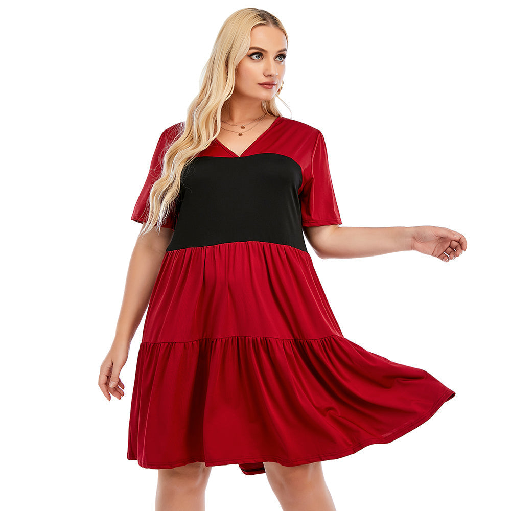 Plus-size women's V-neck short sleeve contrast color a-line skirt loose skirt Sai Feel