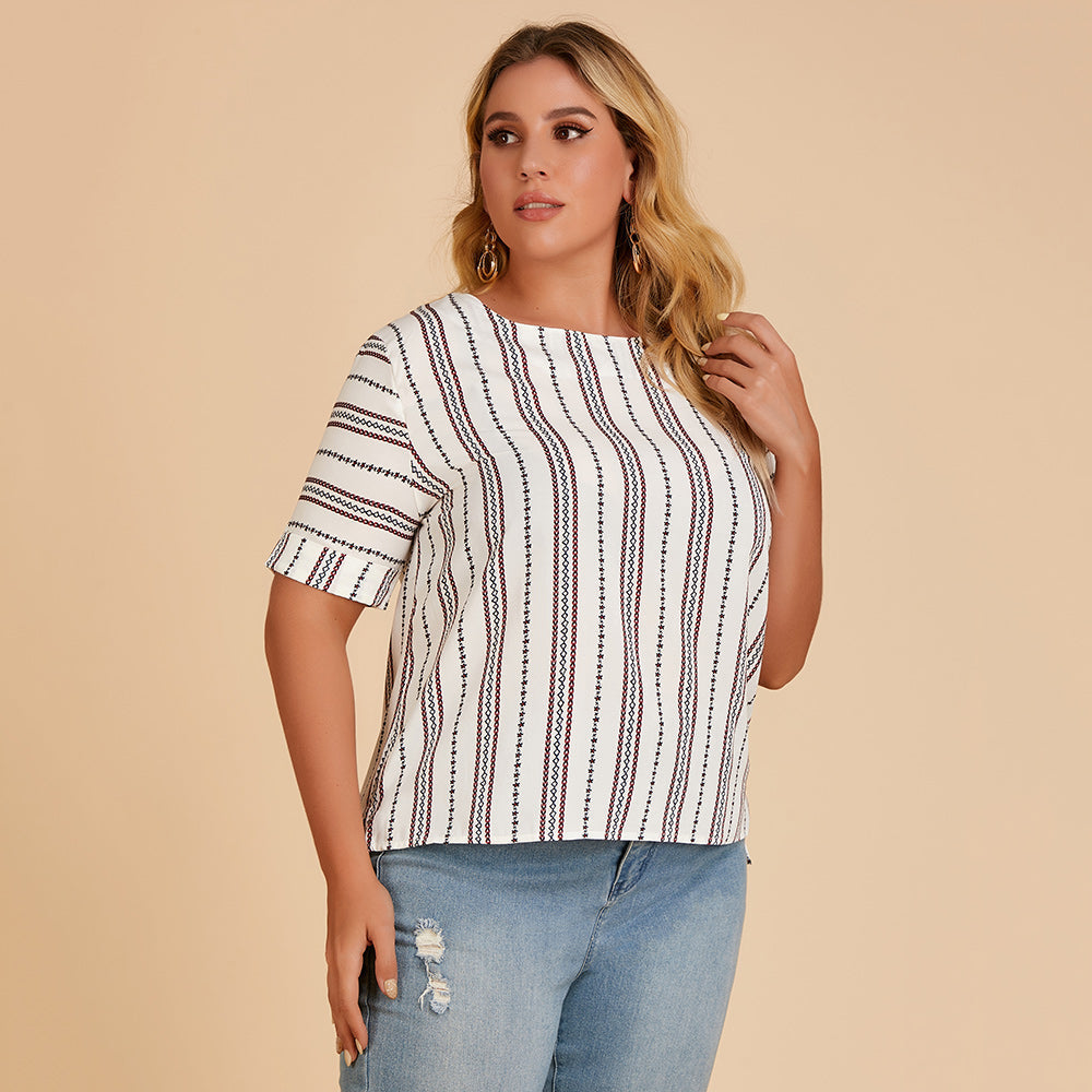 Plus size women's blouse loose round neck cuff casual striped T-shirt Sai Feel