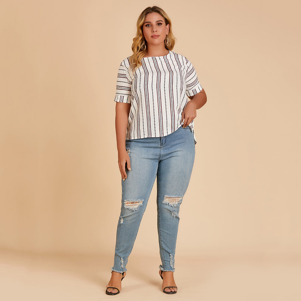 Plus size women's blouse loose round neck cuff casual striped T-shirt Sai Feel