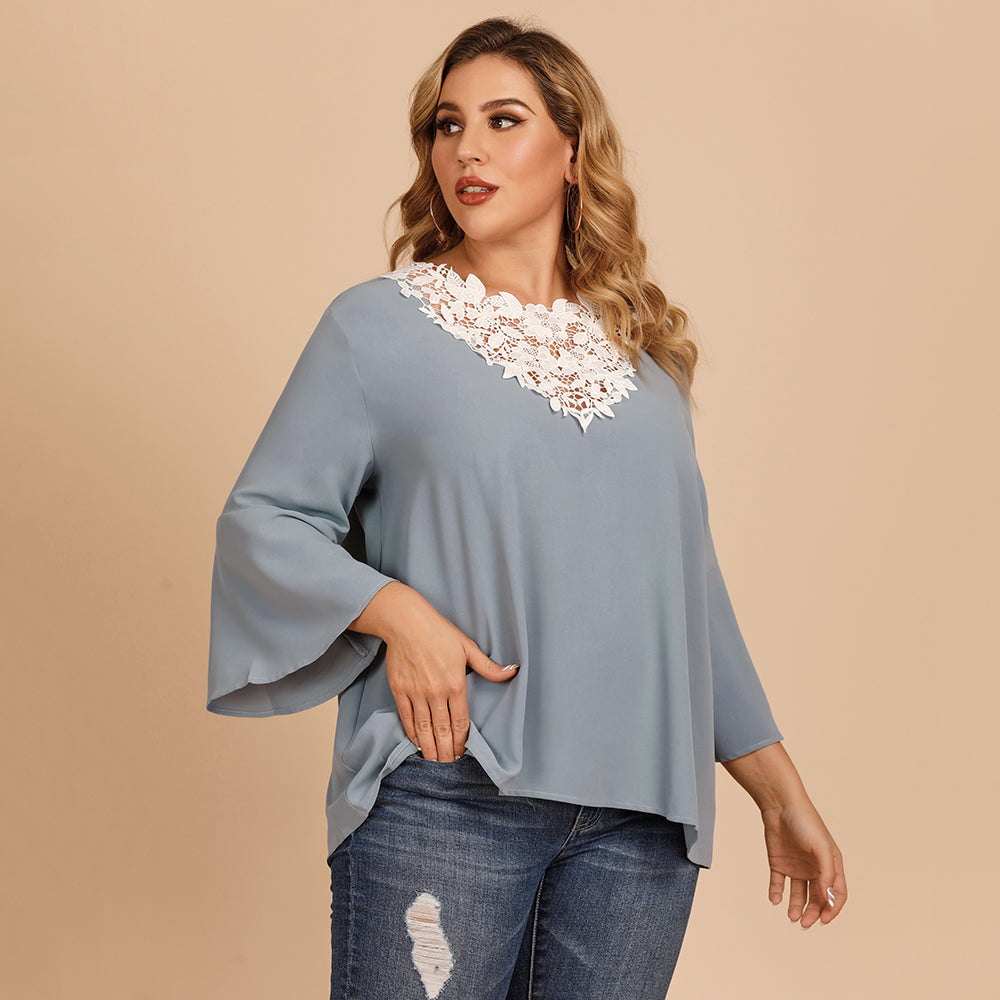 Plus size women's blouse with flared sleeves and lace crochet stitching V-neck in solid color shirt Sai Feel