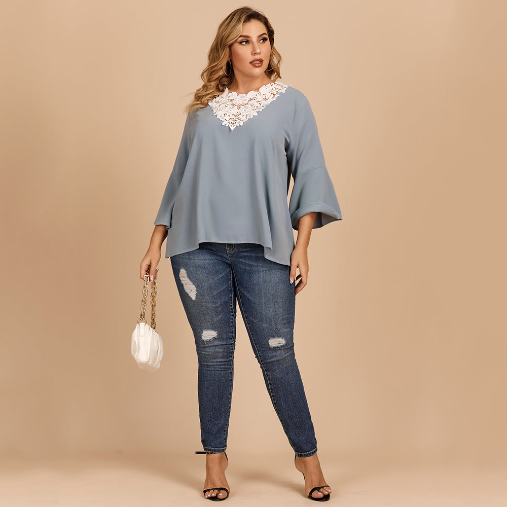 Plus size women's blouse with flared sleeves and lace crochet stitching V-neck in solid color shirt Sai Feel