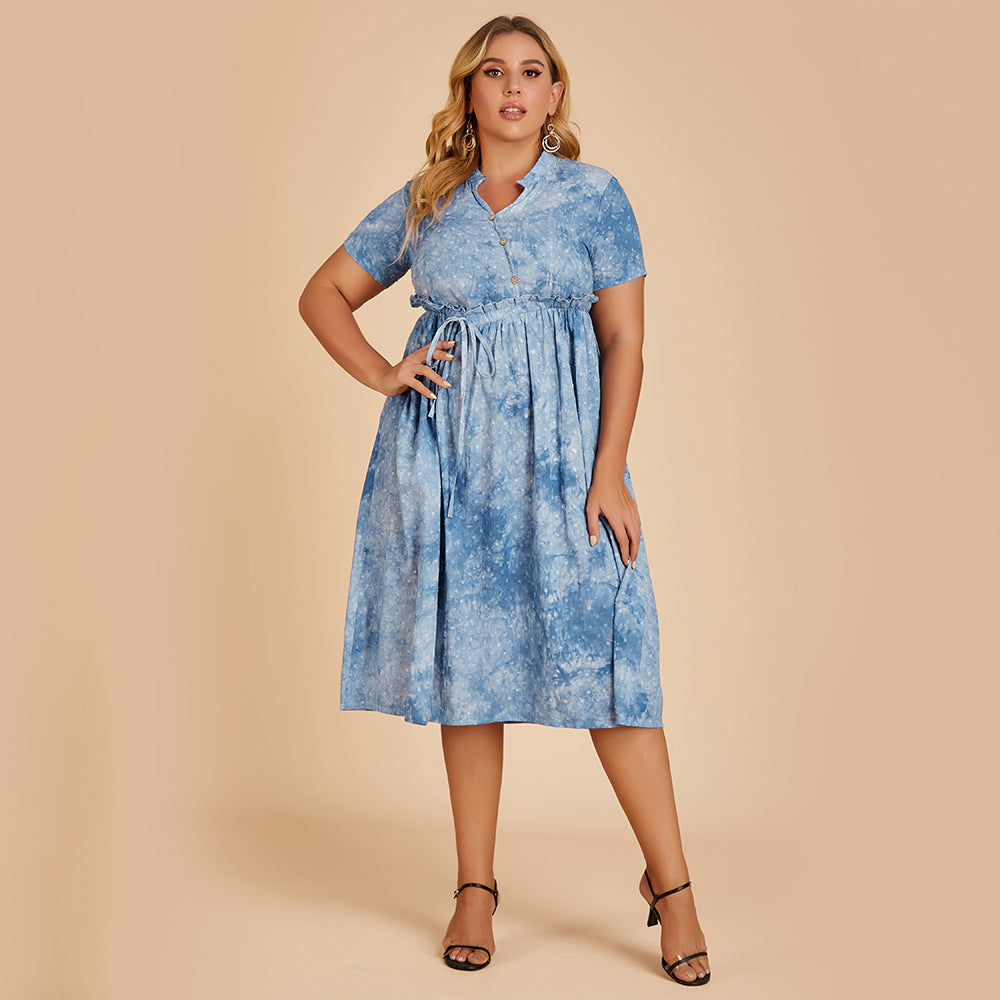 Plus size women's cotton and linen tie-dyed and flower cut waist dress Sai Feel