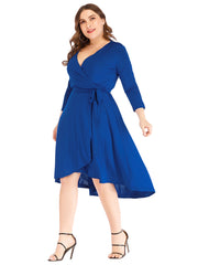 Plus size women's dress V - neck solid color long sleeve wrap skirt one-step skirt Sai Feel