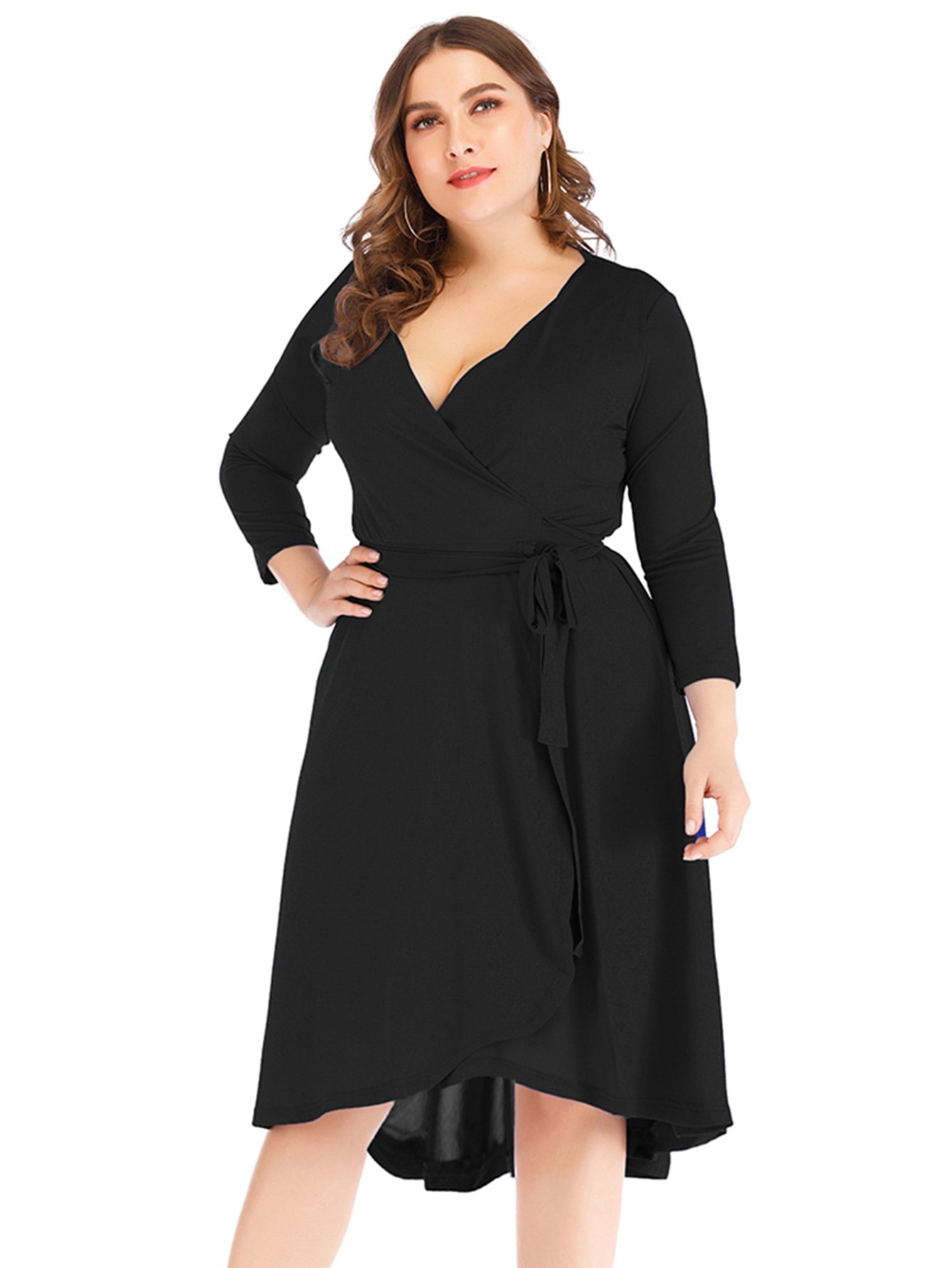 Plus size women's dress V - neck solid color long sleeve wrap skirt one-step skirt Sai Feel
