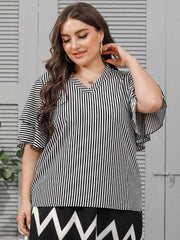 Plus size women's fashion V neck lotus leaf sleeves holiday style striped T-shirt top Sai Feel
