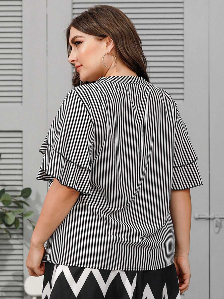 Plus size women's fashion V neck lotus leaf sleeves holiday style striped T-shirt top Sai Feel
