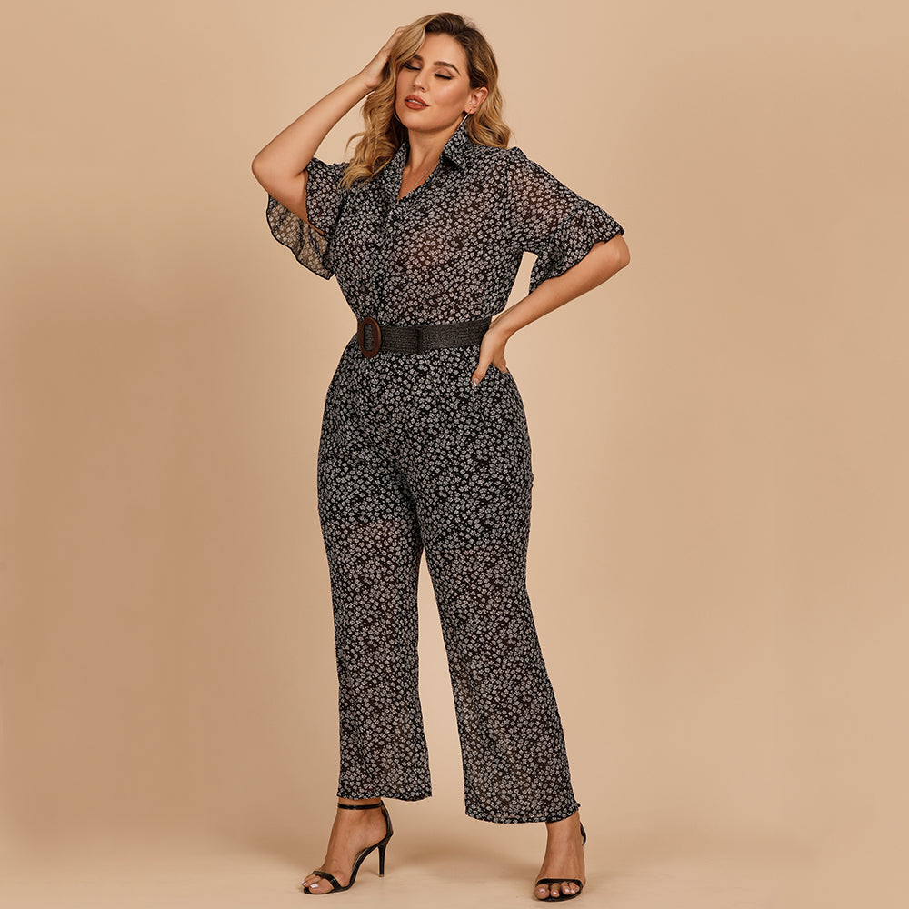 Plus size women's fashion flared sleeve lapel waist wide-leg jumpsuit Sai Feel