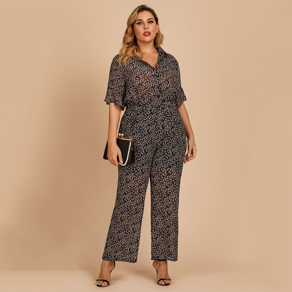 Plus size women's fashion flared sleeve lapel waist wide-leg jumpsuit Sai Feel