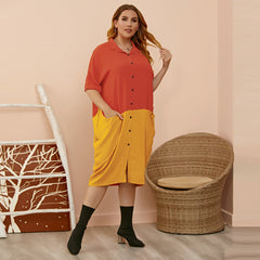 Plus size women's fashion lapel pocket five-quarter sleeve print contrast color dress Sai Feel