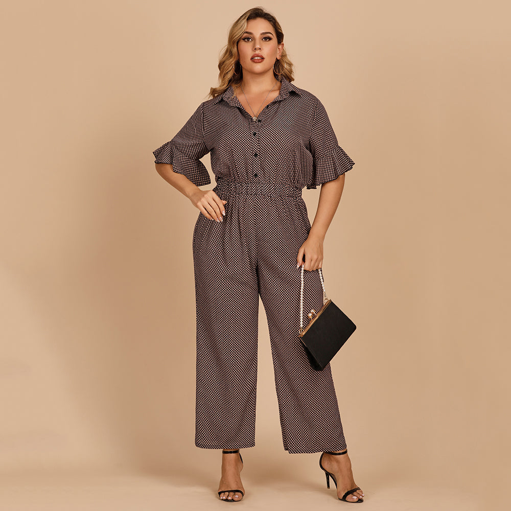 Plus-size women's fashion office lotus leaf sleeve print casual short sleeve jumpsuit Sai Feel