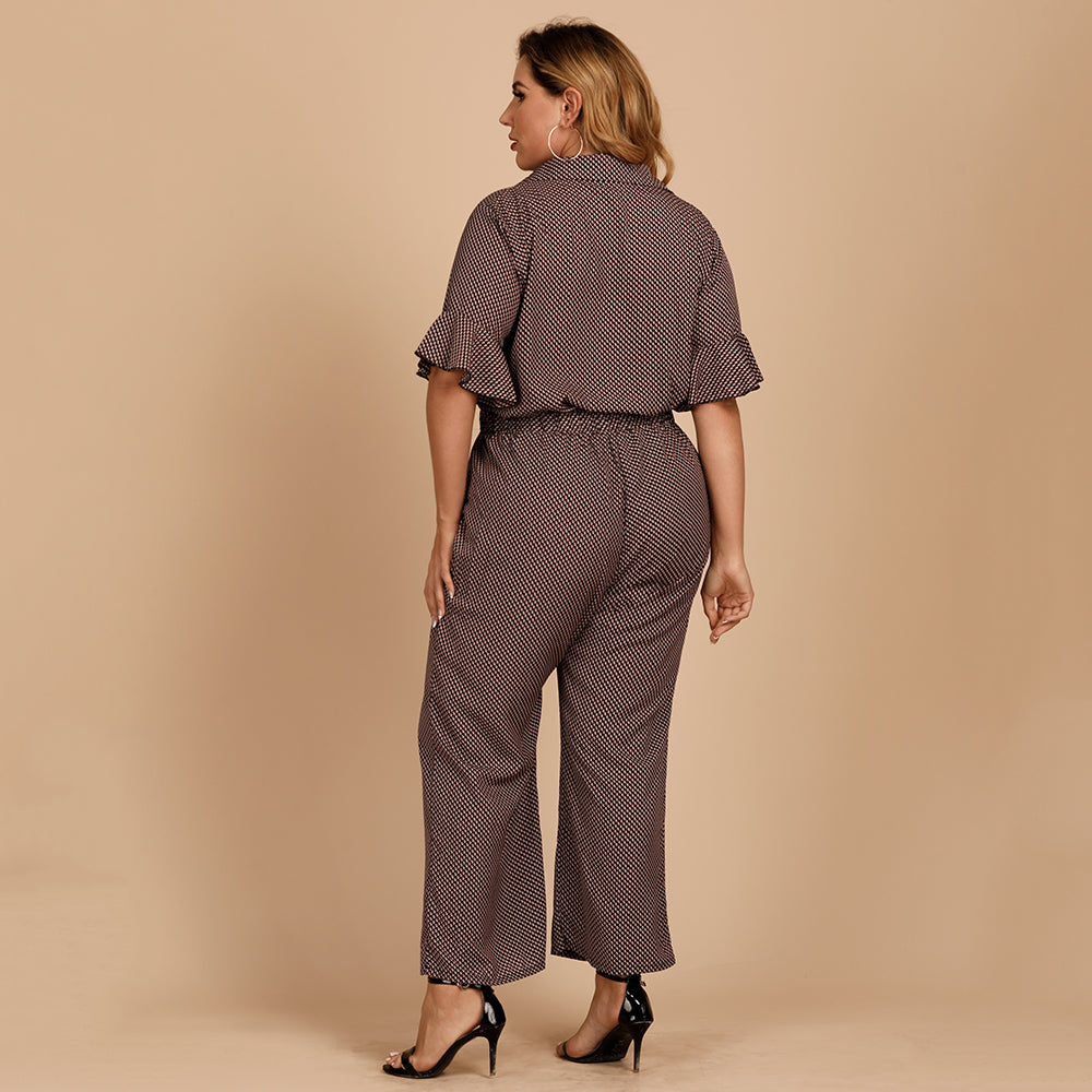 Plus-size women's fashion office lotus leaf sleeve print casual short sleeve jumpsuit Sai Feel