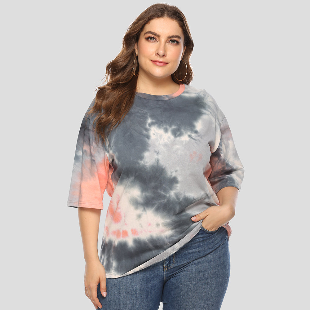 Plus size women's fashion tie-dye loose short sleeve casual T - shirt Sai Feel