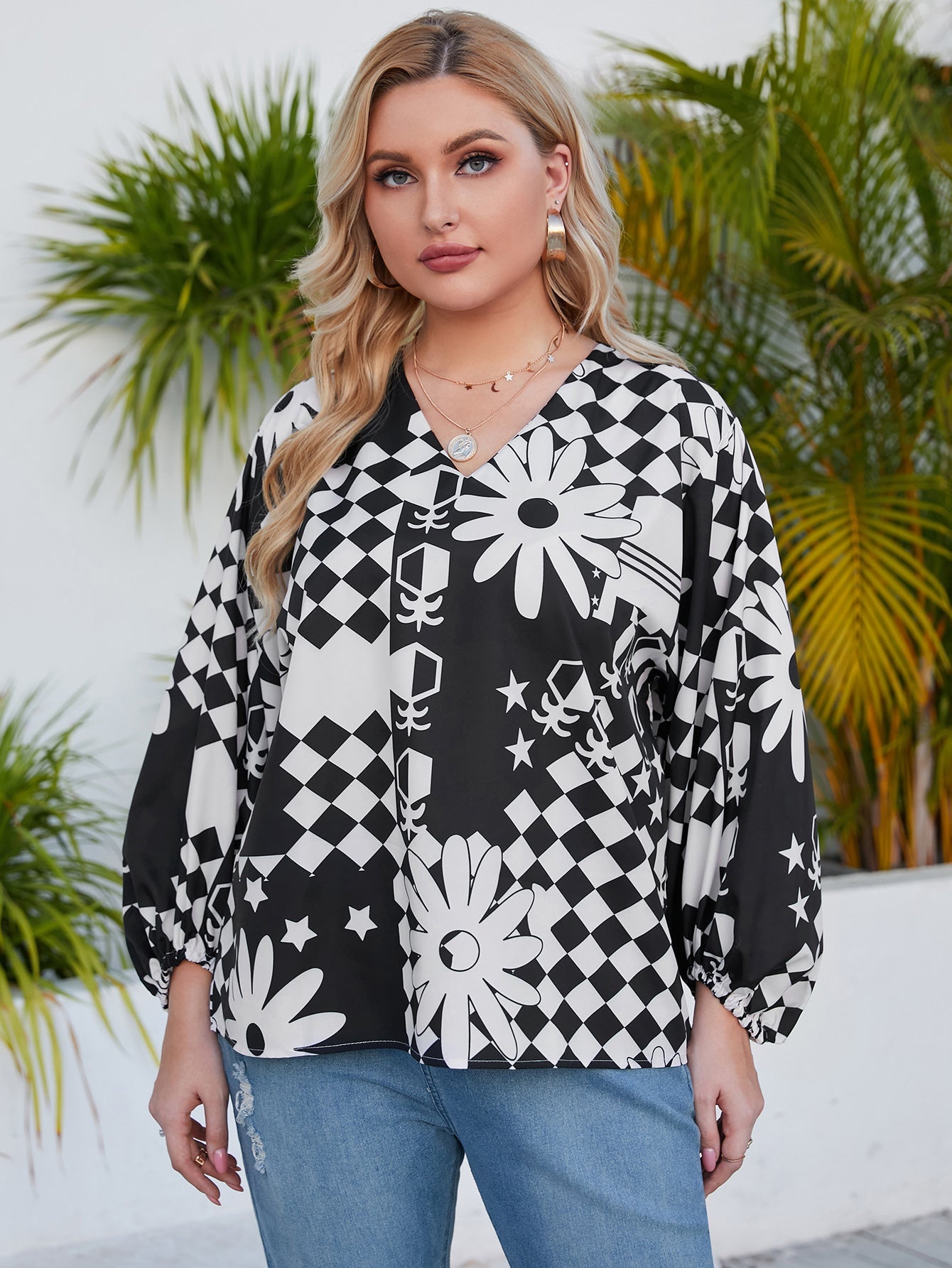 Plus-size women's lantern sleeve loose geometric print shirt top Sai Feel