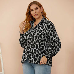 Plus size women's loose - fitting leopard-print slim lantern sleeves shirt Sai Feel