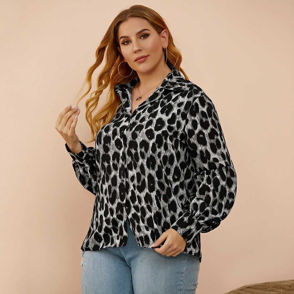 Plus size women's loose - fitting leopard-print slim lantern sleeves shirt Sai Feel