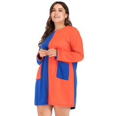 Plus size women's loose round neck long sleeve dress contrasting colors Sai Feel