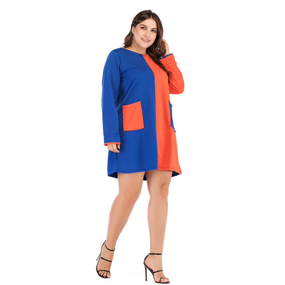 Plus size women's loose round neck long sleeve dress contrasting colors Sai Feel