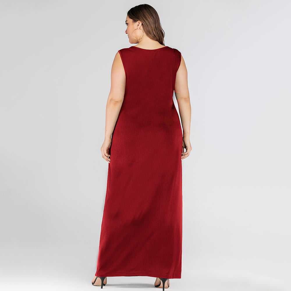 Plus size women's loose round neck solid color Sleeveless Dress Sai Feel