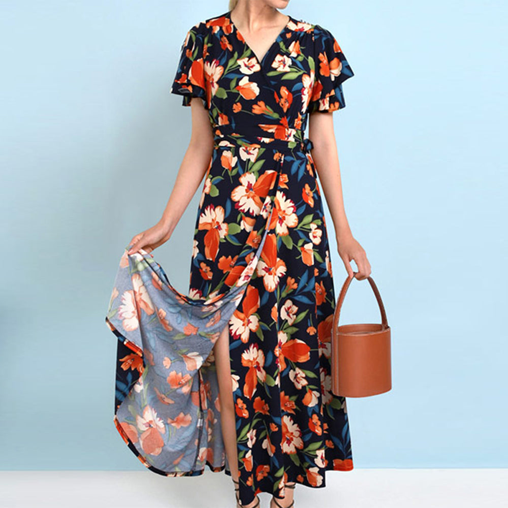 Plus size women's print floral loose waist with belt dress Sai Feel