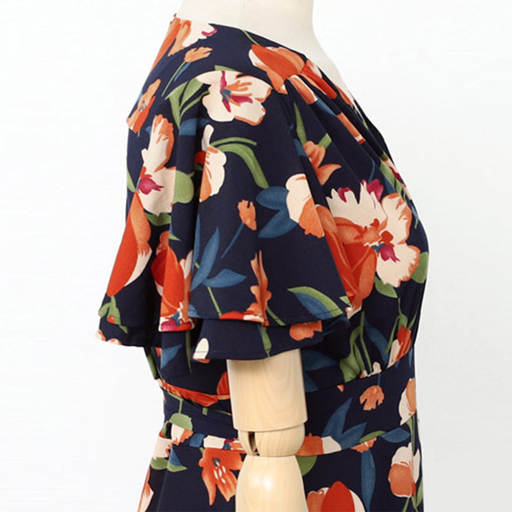 Plus size women's print floral loose waist with belt dress Sai Feel