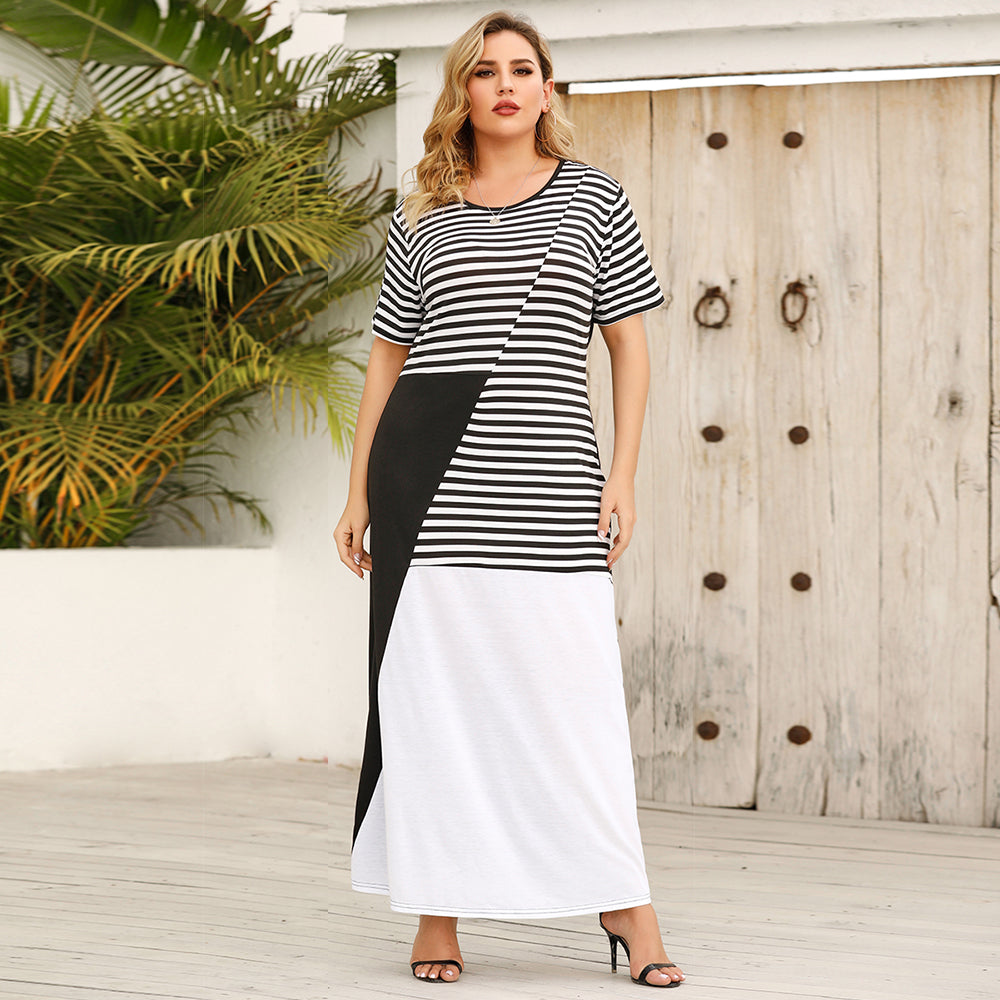 Plus size women's round neck matching color long skirt with striped loose short sleeves dress Sai Feel