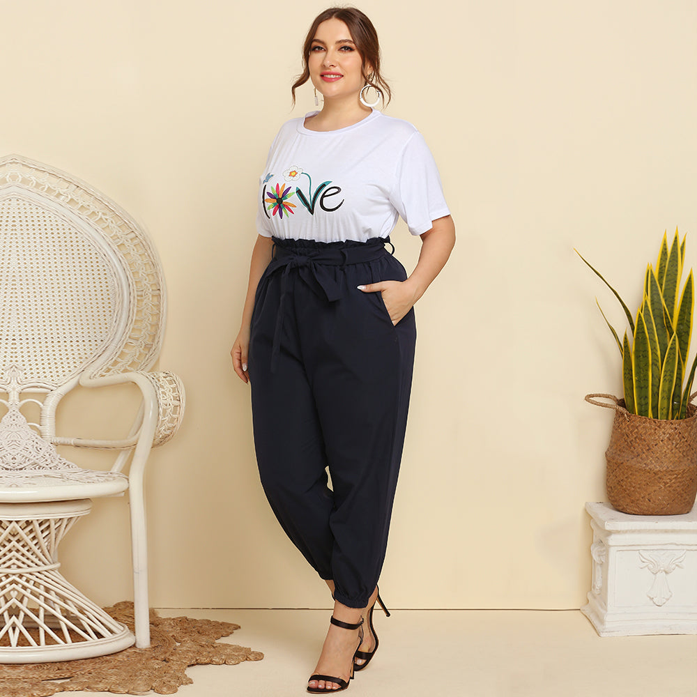 Plus size women's round neck printed T-shirt and Trousers set of 2 Sai Feel