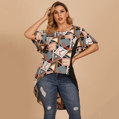 Plus size women's round neck short sleeves loose geometric design T-shirt top shirt Sai Feel
