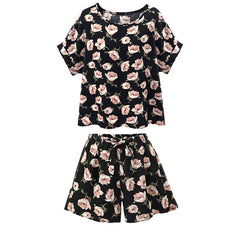 Plus size women's short-sleeved T-shirt and shorts floral two-piece set Sai Feel