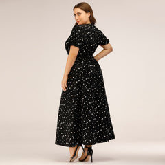 Plus size women's square collar bubble sleeve long dress polka dot skirt Sai Feel