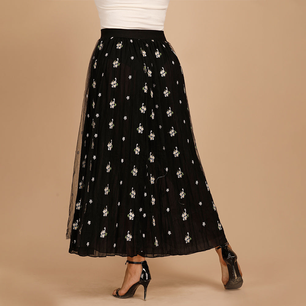 Plus size women's stretch waist pure color mesh embroidery loose skirt Sai Feel